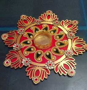Portavelas Thali grande colorido, Rangoli de flores rosas bellamente elaborado para bodas y celebraciones de Diwali - Product Image 4