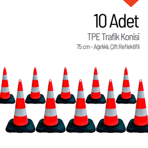 ชุดกรวยจราจร TPE 10 ชิ้น ขนาด 75 ซม. กรวยนิรภัยแบบสะท้อนแสงสองด้าน สำหรับถนน ทำจากวัสดุ PE พร้อมแถบสะท้อนแสง - Product Image 1