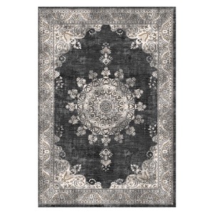 Tapis de salon en chenille antidérapant, gris anthracite, motif médaillon traditionnel imprimé numériquement, lavable en machine, vente en gros - RUGS DEPOT LXDP-0165 - Product Image 1