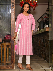 ชุดคุर्ติผ้าฝ้ายสีชมพูลายทางพิมพ์ลาย แห้งเร็ว ทรงตรง แขนสามส่วน สไตล์ลำลอง สำหรับงานปาร์ตี้  แบบชาติพันธุ์ - Product Image 5