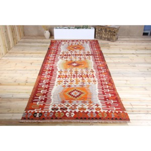 Turkish Vintage Rug, 5.8x14.5 ft <b>Runner</b> Rug, <b>Red</b> Kilim Geometric Rug - Product Image 1