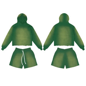 Custom Logo 100% Cotton <b>Fleece</b> <b>Men's</b> Sun Faded Pullover Hoodies And <b>Shorts</b> Set Casual Wear Breathable Design Distressed Hoodie - Product Image 6