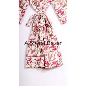 Robe de luxe pour femme en coton 100% respirant, courte, à manches trois quarts, à cordon de serrage, à col en V, à fleurs tissées vintage, faite à la main - Product Image 6