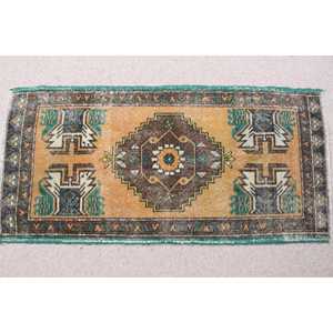 Turkish Small Rug 1.6x3.3 ft, Vintage <b>Brown</b> Abstract <b>Wool</b> Rug - Product Image 3