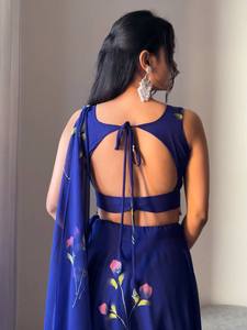 Lehenga choli พิมพ์ลายดอกไม้สีฟ้าสำหรับผู้หญิง - Product Image 3