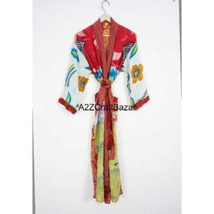 ชุดคลุมกิโมโนผ้าไหมสไตล์วินเทจโบฮีเมียนสำหรับผู้หญิง คอวี ยาวเต็มตัว ตกแต่งผ้าแบบแพทช์เวิร์ค ปิดด้วยเชือกผูก แขนสามส่วน ระบายอากาศได้ดี - Product Image 6