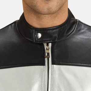 Men's Black And <b>Silver</b> PU Leather Moto <b>Jacket</b> Stand Collar Zipper Closure Color Blocking Design Windproof Slim Fit Autumn Wear - Product Image 6