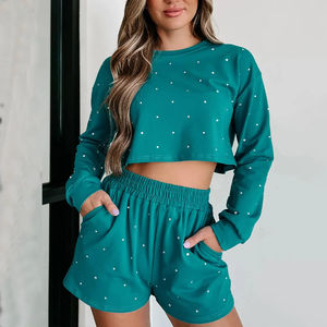 New Arrivals Custom Logo Rhinestone <b>Short</b> Set Women <b>Zip</b> up Hooded Crop Top Hoodie Sweatshirt Sweat <b>Shorts</b> Set - Product Image 1