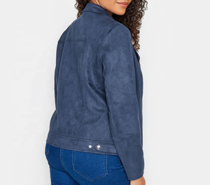 Women's Navy Blue Suede Moto <b>Jacket</b> <b>With</b> <b>Zipper</b> Closure And Side <b>Pockets</b> Regular Fit Autumn Style - Product Image 3