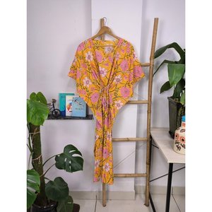Robe <b>Kaftan</b> Boho Style Imprim Jardin Botanique Indien La Main Sun Shine Tissu En Coton Lger Respirant for Summer Cover Ups - Product Image 4