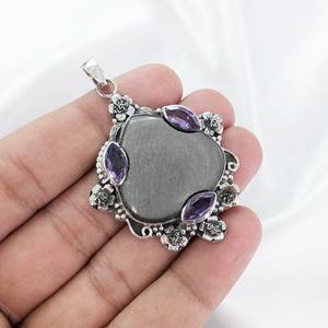 Pendentif multi-pierres en argent sterling 925 brillant en argent naturel obsidienne améthyste pierres précieuses plaqué or diamant pierre principale cadeau - Product Image 2