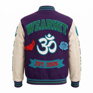 Blouson universitaire en chenille toute surface, violet, avec manches en cuir crème, modèle Letterman, Est 2026, OEM - Product Image 2