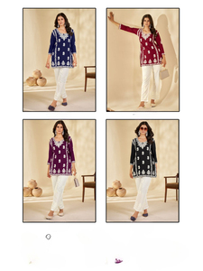 Thanh Lịch Rayon Chikankari Làm Việc Hai Mảnh Thiết Lập Trắng Pant Với Ngắn Tops Thêu Văn Phòng Cao Đẳng Cô Gái 'Thời Trang Đầu Gối Chiều Dài - Product Image 6