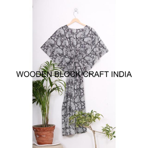 Kimono Largo de Verano, Vacaciones, Algodón Puro, Midi, Vintage, Fiesta, Hecho a Mano, Estampado Floral, Vestido Kaftan, Mujer, Moderno, Cintura Elástica - Product Image 5