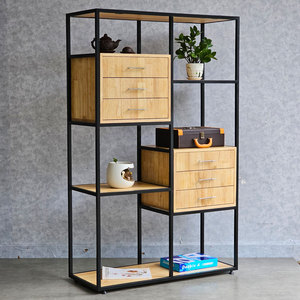 100x40x160cm Multifunctional Decorative Shelf <b>Drawers</b> Rubber Wood Iron Frame KS68185 Standing Type for Living Room Installation - Product Image 2