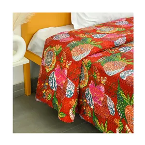 Maroon Fruit Print Kantha Quilt Handmade Indian Bedding Beddspread Throw Blanket Bedspread Bohemian Cotton Boho Quilting Hippie
