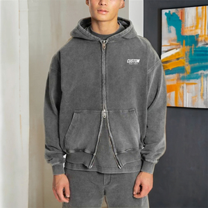 เสื้อฮู้ดดี้ผู้ชายทรงบ็อกซี่ ผ้าฝ้ายหนานุ่ม สไตล์สตรีทแวร์วินเทจ ตัดเย็บแบบครอป ล้างสีแบบแอซิดวอช ซิปปักลาย  รักษ์โลก - Product Image 1