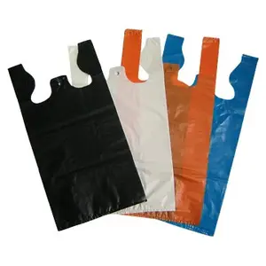 Tas Pembawa Kaus Plastik Kemasan HDPE Cetakan Kustom OEM Logo Kustom Tas Pegangan Belanja dengan Di Bawah
