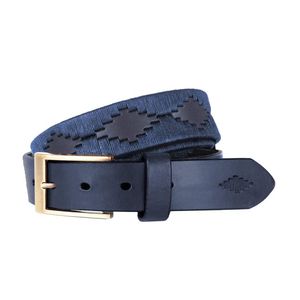 Ceinture classique en cuir de peau de vache bleu foncé avec broderie noire et boucle en alliage d'or pour vêtements formels et décontractés - Product Image 1