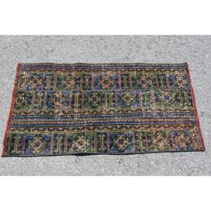 Tribal verde azul 2x3,7 pies alfombra turca hecha a mano tejido plano respaldo de látex Material de lana viscosa Patchwork para entrada de pasillo - Product Image 3