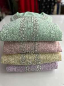 Nouveau concepteur doux Georgette broderie travail Kurti ensemble lourd soie pantalon doux broderie Dupatta-Dhwaja exportation inde Pakistan - Product Image 6