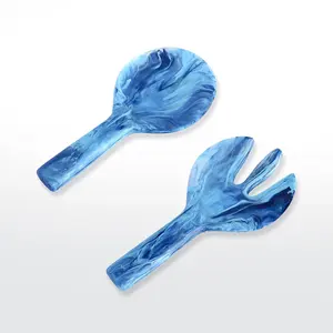 Juego de Servidores de Ensalada de Resina Ecológica Hechos a Mano en India, Aptos para Lavavajillas, Diseño Americano, Utensilios de Cocina Azules - Product Image 1