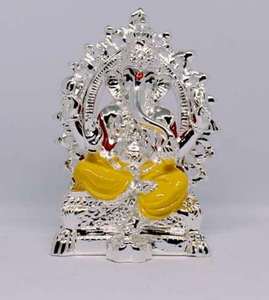 Premium Silver Plated Handmade Metal Handicraft <b>Art</b> Decor Lord Ganesha Idol Figurine Yellow Attire Decorative Throne for Home - Product Image 1