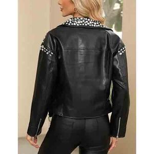 Chaqueta de cuero con tachuelas de motorista suave para mujer con hombros y cuello Material de alta calidad 100% chaqueta de cuero con tachuelas reales - Product Image 6