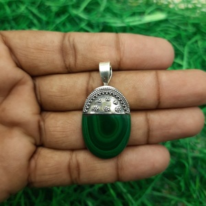 Authentic Natural Green Malachite Oval 925 Sterling <b>Silver</b> Pendant Handcrafted Gemstone Fine Jewelry and <b>Charms</b> Jewelry in Bulk - Product Image 1