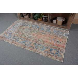 Alfombra turca vintage de 3.4x5.8 pies, alfombra de lana con diseño de plantas y árboles en azul y naranja - Product Image 3