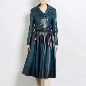 新しいデザインのレザージャケットスカート本物のシープスキンレザー2ピースセット女性