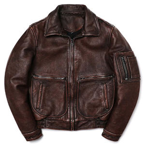 Chaqueta de piel de vaca marrón Vintage para hombre, abrigo ajustado de moda con cremallera para motorista, tela de lona de invierno de cuero puro - Product Image 1