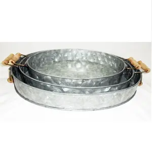 Ensemble personnalisable de 3 plateaux de service modernes en métal galvanisé rond avec poignées mobiles en bois exportateurs indiens à vendre à domicile - Product Image 1