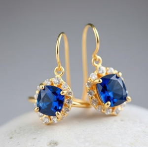 ต่างหูบลูไฮโดร&ซีแซด 4 นิ้ว 8 กรัม |   แปดเหลี่ยมขนาด 10x12 |   เครื่องประดับเงินแท้ 925 ชุบทอง 18K สำหรับงานแต่งงาน ของขวัญสำหรับเธอ - Product Image 2