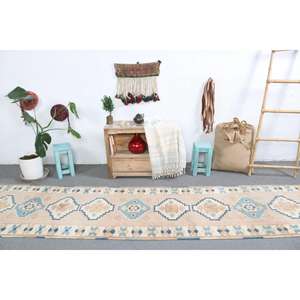 Alfombra Vintage de 2.8x12.5 pies, Alfombra Turca Azul a Rayas de Lana - Product Image 1