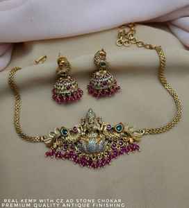 Kemp แท้คุณภาพพรีเมี่ยมพร้อมสร้อยคอโชกเกอร์หิน CZ AD ชุดสร้อยคอวัดตกแต่งโบราณเหมาะสำหรับเทศกาล - Product Image 3