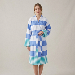 Peignoir en coton turc méditerranéen, rayures bleues et turquoise, style kimono - Product Image 1