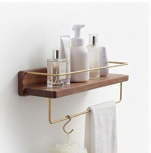 Acacia Wood <b>Wall</b> <b>Mounted</b> <b>Shelf</b> with Brass Towel Bar Minimalist Bathroom Storage Rack Single Tier Rectangular Design Durable - Product Image 4