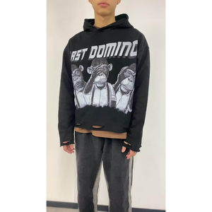 Sweat à capuche court ample lavé à l'acide pour hommes 100% coton tricoté motif solide Streetwear hommes en détresse sweat à capuche lavé à l'acide - Product Image 6