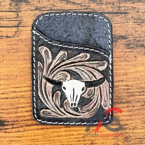 Tarjeteros de Cuero Hechos a Mano con Diseño de Calavera de Toro Blanco, Estilo Western, Carteras de Cuero Genuino para Vaqueras - Product Image 1