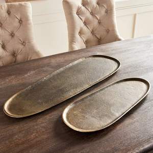 Plateau long en métal doré champagne de style nordique, plateau décoratif esthétique pour la table basse du salon, plateau de service - Product Image 2