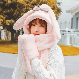 LXM10 New Hot Sale Faux Rabbit Fur Three In One Scarf Hat Cute Mittens Set Women Girl Winter Warm Hat