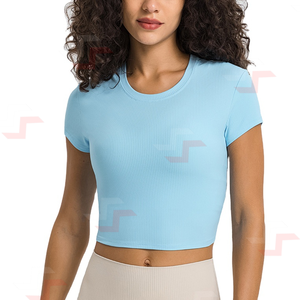Venta al por mayor verano recortado camisetas para mujeres Casual estilo Retro Vintage moda elemento en blanco Color sólido cuello redondo manga corta - Product Image 5