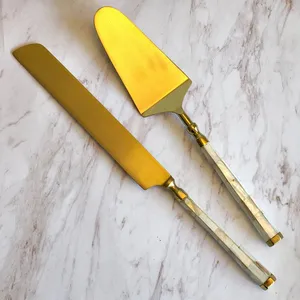 Ensemble de serveur à gâteau, spatule et couteau à dessert en acier inoxydable doré tendance avec manche MOB pour les restaurants et les fournisseurs d'articles de table - Product Image 1
