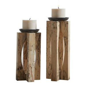 Ensemble de 2 bougeoirs en bois avec finition naturelle, parfaits pour les fêtes de mariage et la décoration de Noël, éclairage élégant - Product Image 1