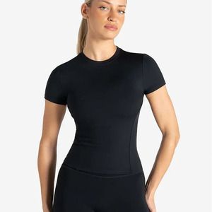Venta caliente negro mujer gimnasio camiseta elástica de manga corta longitud completa cuello redondo poliéster nueva Casual Yoga entrenamiento camiseta para mujer - Product Image 1