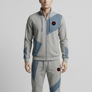 Conjunto Deportivo para Hombre en Gris Claro, Chaqueta Deportiva con Cierre Completo, Pantalones Jogger con Paneles Geométricos Azules, Ropa Deportiva para Entrenamiento, Gimnasio, Running y Fitness - Product Image 1