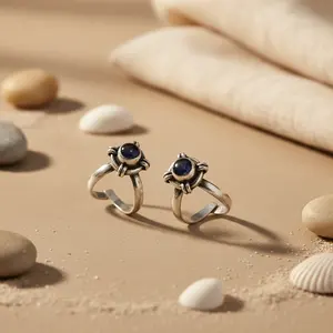 Bagues ajustables en argent 925 faites à la main pour femmes, pierres précieuses noires avec des pierres naturelles de turquoise, de grenat et de rubis, plaquées rhodium - Product Image 1