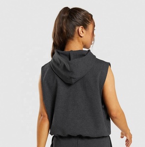 Venta al por mayor personalizado jersey en blanco sin mangas mujeres algodón sin mangas Crop Top Sudadera con capucha algodón teñido negro hecho sudaderas con capucha sin mangas - Product Image 2