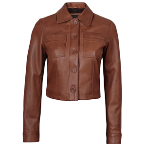 Veste Harrington en cuir véritable marron courte pour femme, personnalisée par Novenza - Product Image 1